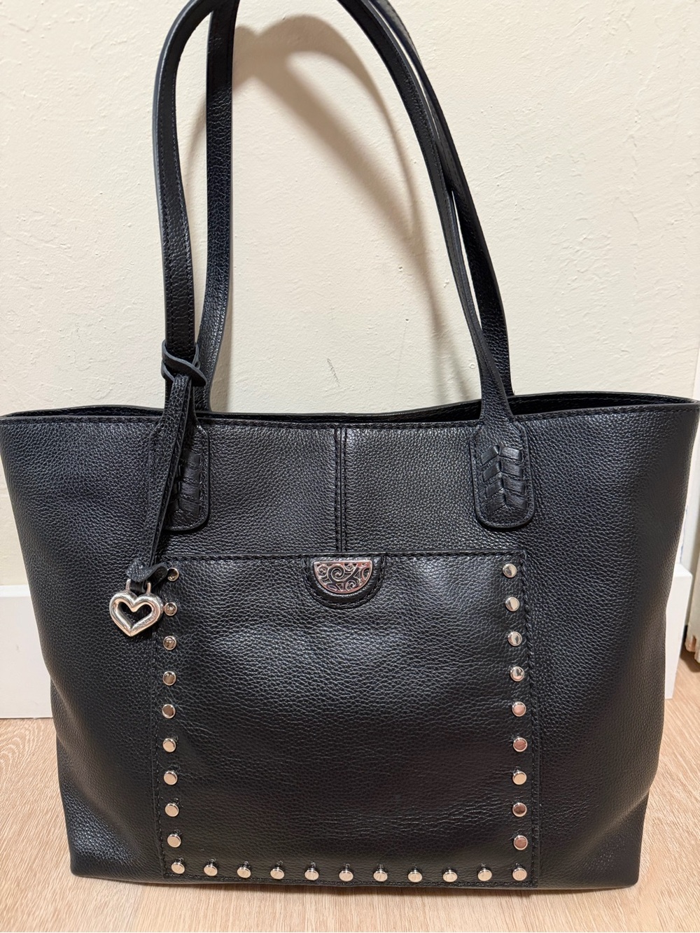 Brighton Black Stud Accent Shoulder Tote with Heart Charm